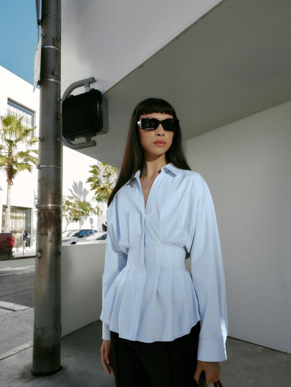 Zara Pleated Poplin Shirt M White Fitted Waist Peplum Like New